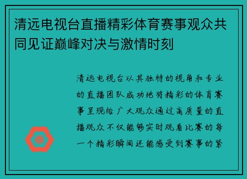 清远电视台直播精彩体育赛事观众共同见证巅峰对决与激情时刻